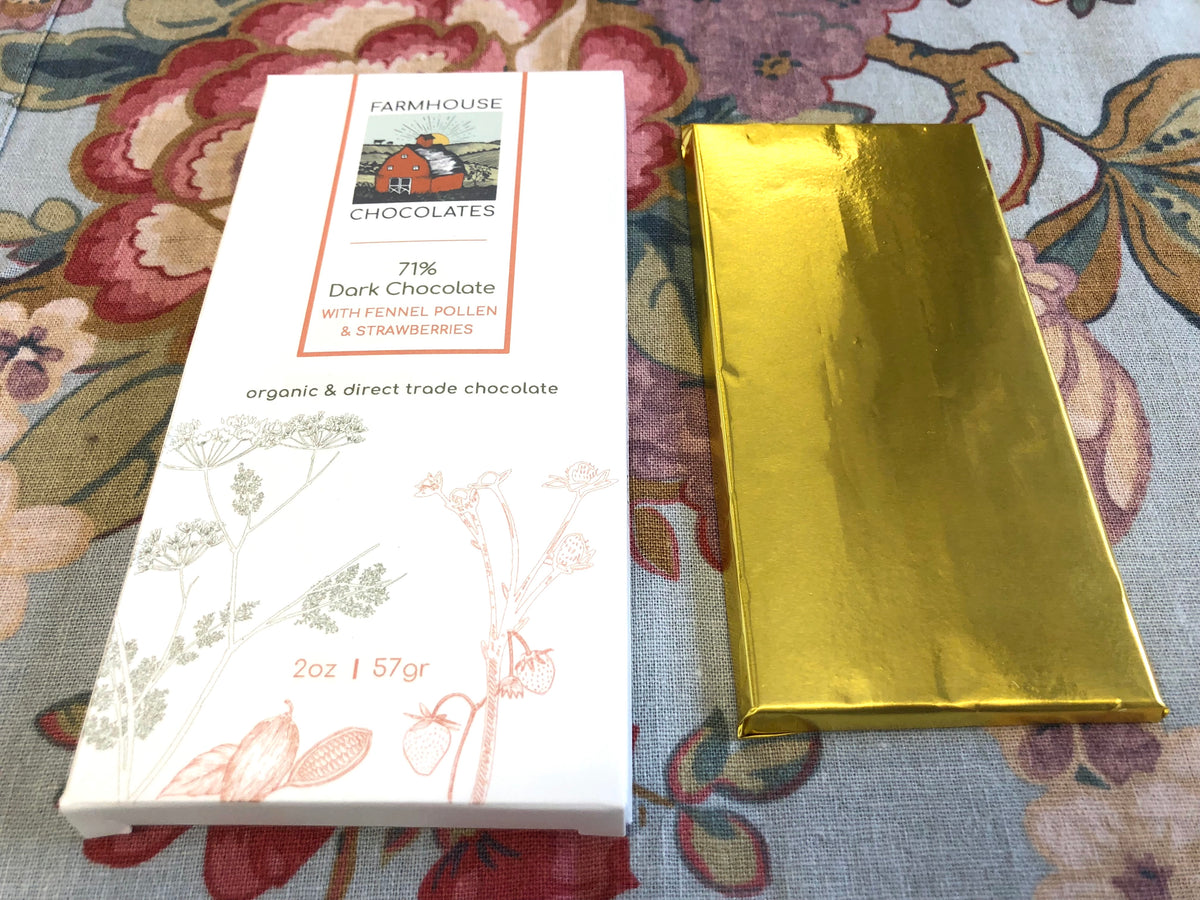 71% Dark Chocolate with Fennel Pollen & Strawberries – 2 oz Bar