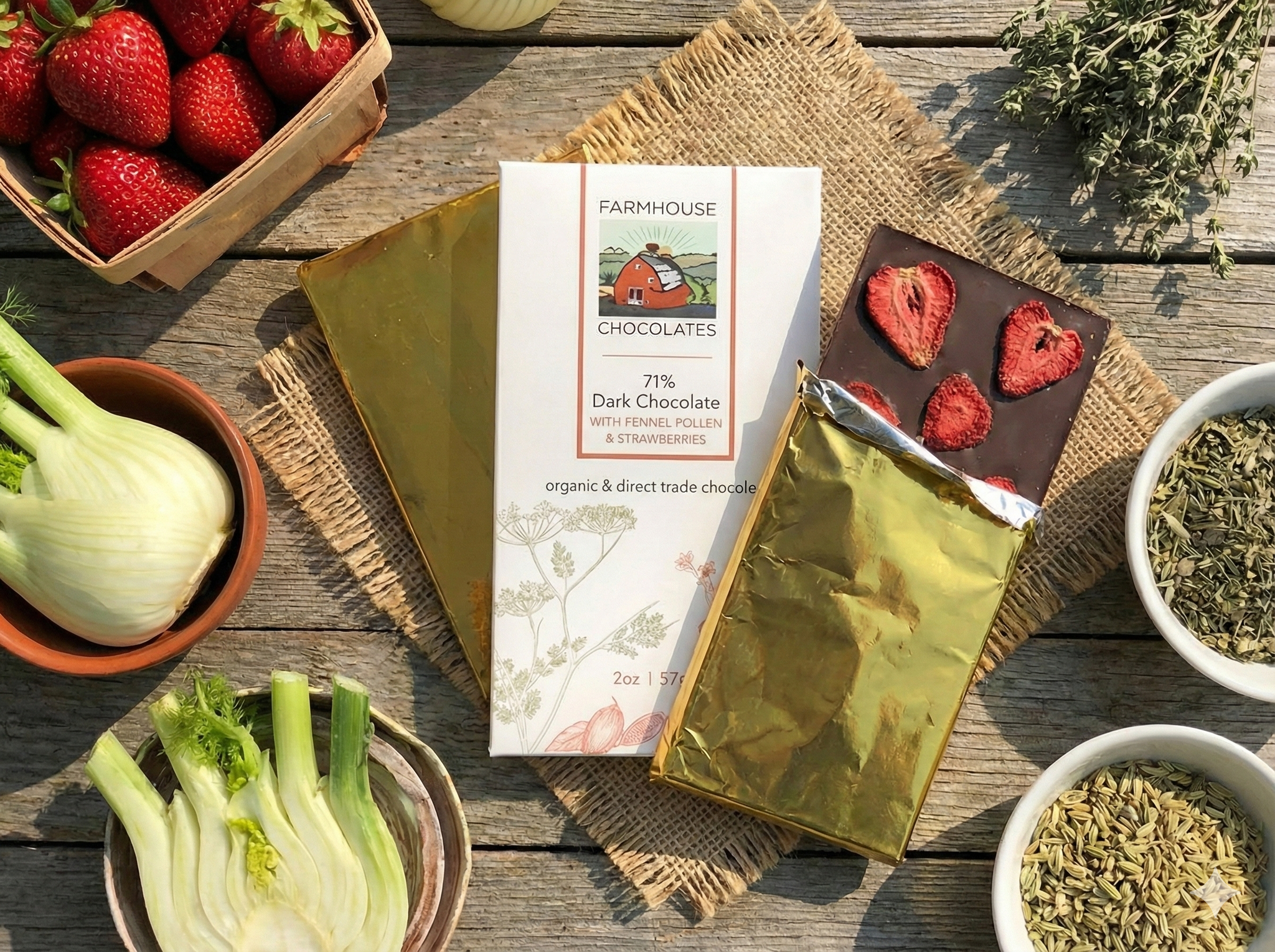 71% Dark Chocolate with Fennel Pollen & Strawberries – 2 oz Bar