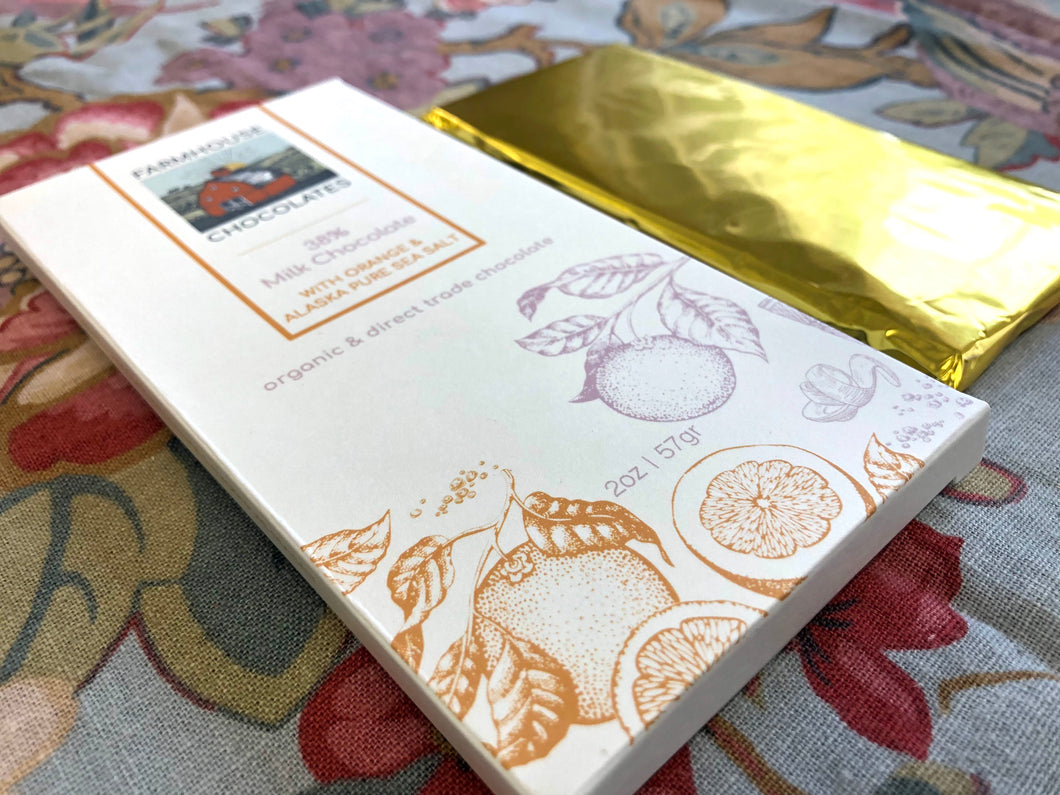 38% Milk Chocolate w/ Orange & Alaskan Sea Salt (Organic, Fair Trade Chocolate Bar) - Farmhouse Chocolates